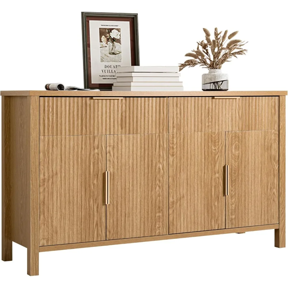 Elegant Large Fluted Sideboard Buffet, 55-Inch Dining Room Cabinet with Adjustable Shelves, 4 Doors and 2 Drawers Wood Coffee Ba