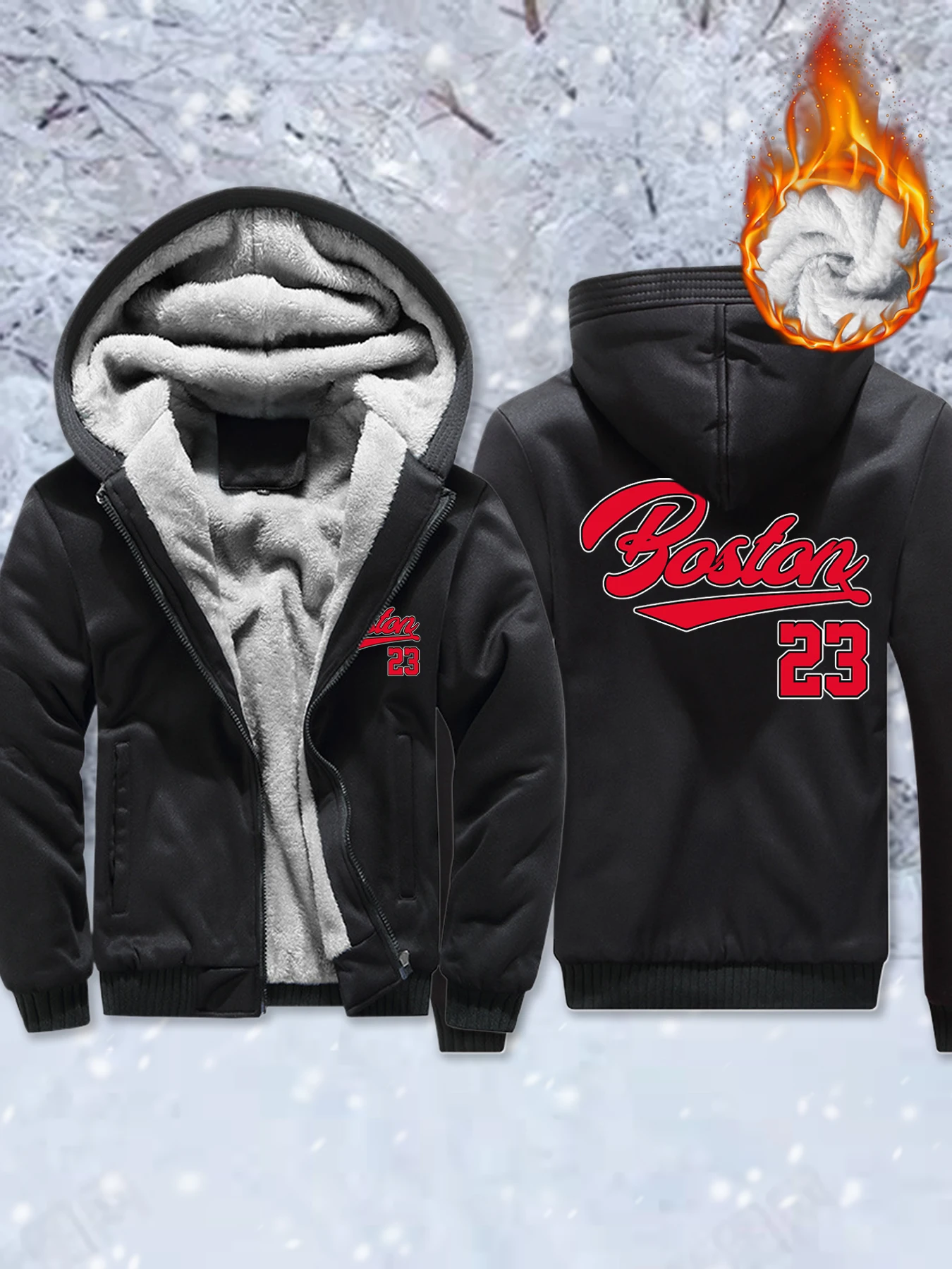 

Boston Number 23 Letter Prints Mens Fleece Pocket Jackets Thicken Comfy Hoodie Winter Zip-Up Outwear Warm Basics Coat Street Top