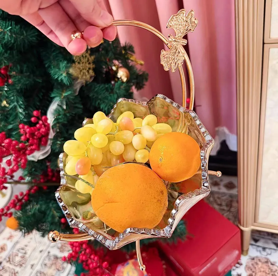 DSA Light Luxury Glass Dried Fruit Plate Home Living Room Coffee Table Storage Snack Decoration Metal Moon Fruit Plate Ornament