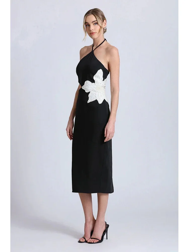 Vestido Bandage negro sin mangas para mujer, vestido Sexy con cuello Halter, diseño de cuentas de flores, vestidos Midi ajustados, vestidos de fiesta de celebridades