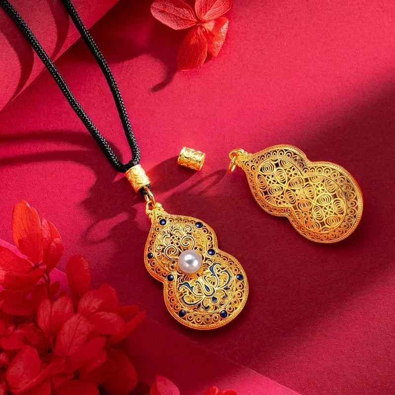 Eldorado Gold  9999 Real Gold 24K Ancient Flower Silk Court Style Burnt Blue Gourd Pendant Gold Burnt Blue Enamel Pearl Gourd Pe