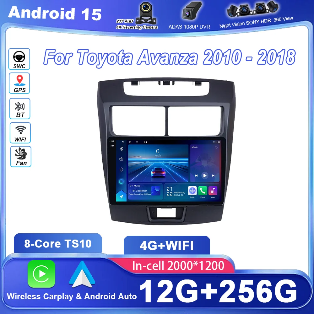 Carplay Android 15 para Toyota Avanza 2010 -2018 reproductor de vídeo Multimidia para coche pantalla QLED unidad principal estéreo navegación GPS 4G WIFI