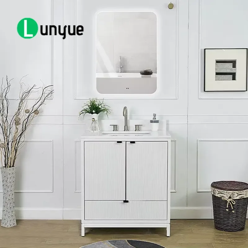 White MDF Solid Wood Bathroom Cabinet with Ceramic Sink 18mm Stone Top UV Lacquer Finish Modern Vanity for Home Bathroom