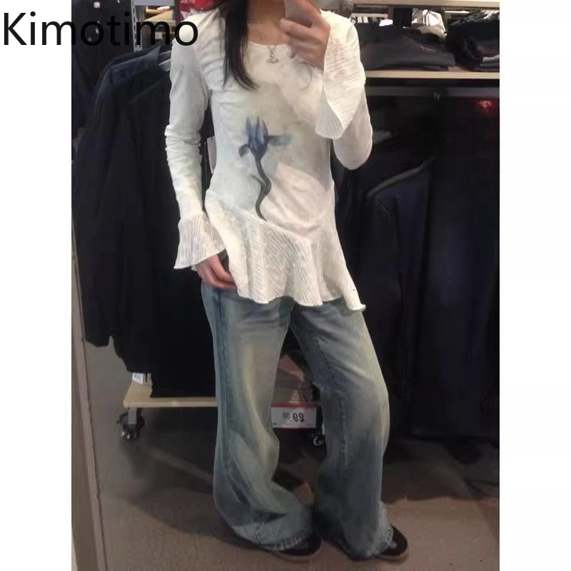 

Kimotimo 2025 Autumn Y2k Printe Irregular Lace Ruffle T-shirt Women Vintage Slim Fit Long Sleeve Tops Japanese Aesthetic Clothes
