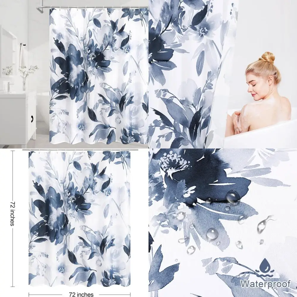

Темно-синяя акварельная занавеска для душа с цветочным принтом, синие листья растений с цветочными занавесками для душа для летнего декора ванной комнаты, современная ткань бо