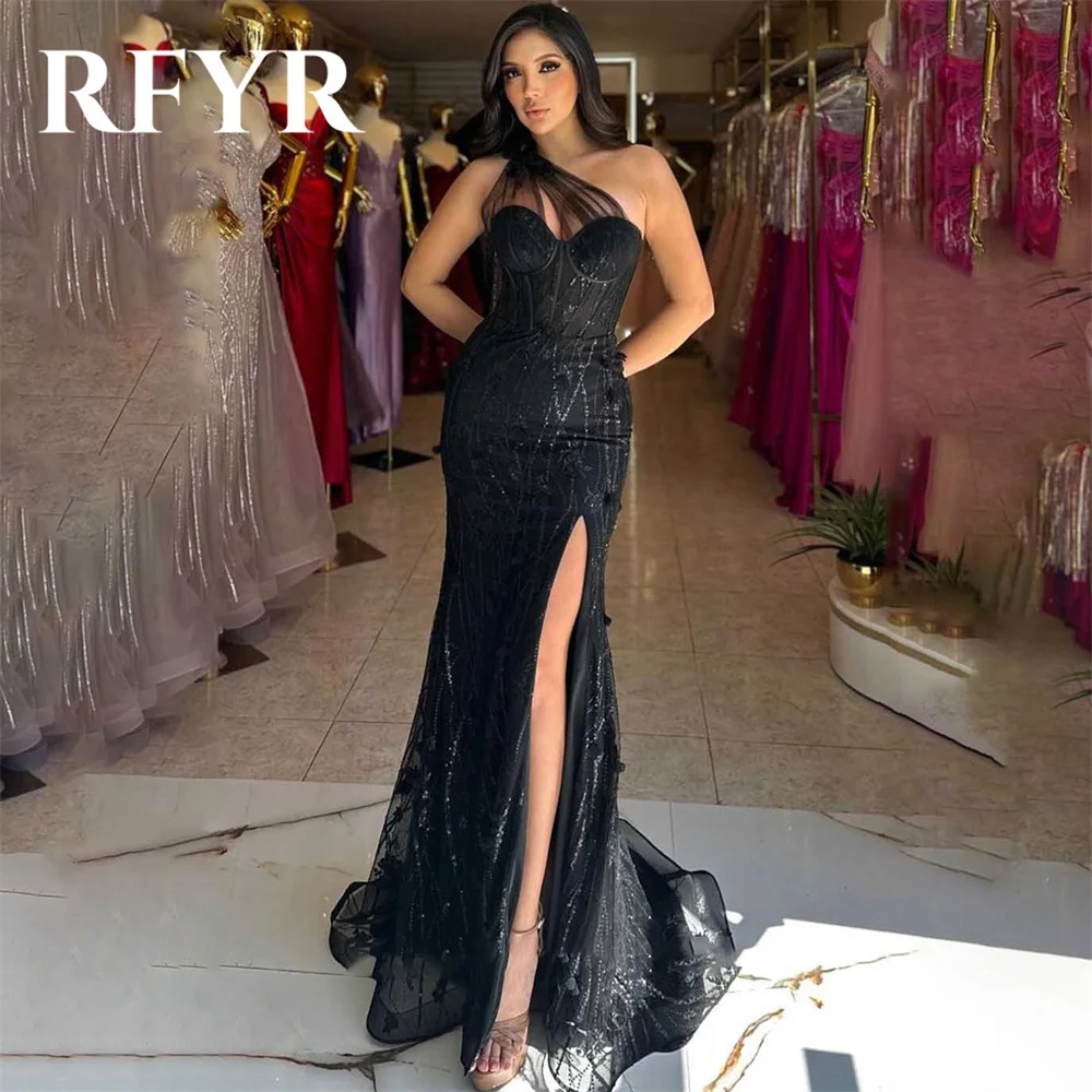 

RFYR Black Trumpet Evening Dresses One Shoulder Vestidos De Noche High Split Tulle Prom Dress with Pleats Sequins Party Dresses