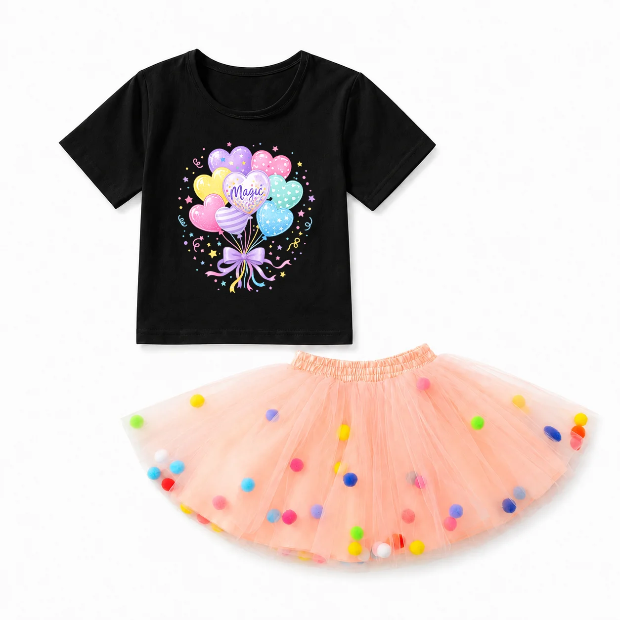 Kids Girls Birthday Party Set Magic Balloon Tee Pom Pom Tulle Tutu Skirt Summer Princess Outfit