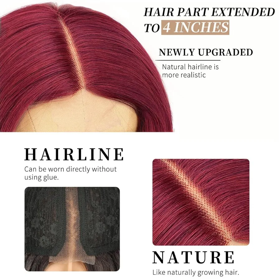 Peluca sintética resistente al calor con rayita de encaje largo y ondulado de color rojo brillante para mujer con parte media, ideal para uso diario y eventos de fiesta