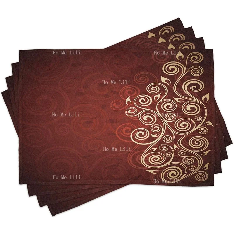 Burgundy Floral Swirls Ivy Image Ombre Details Grunge Backdrop Flower Art Fabric Placemats For Dining Table Decor