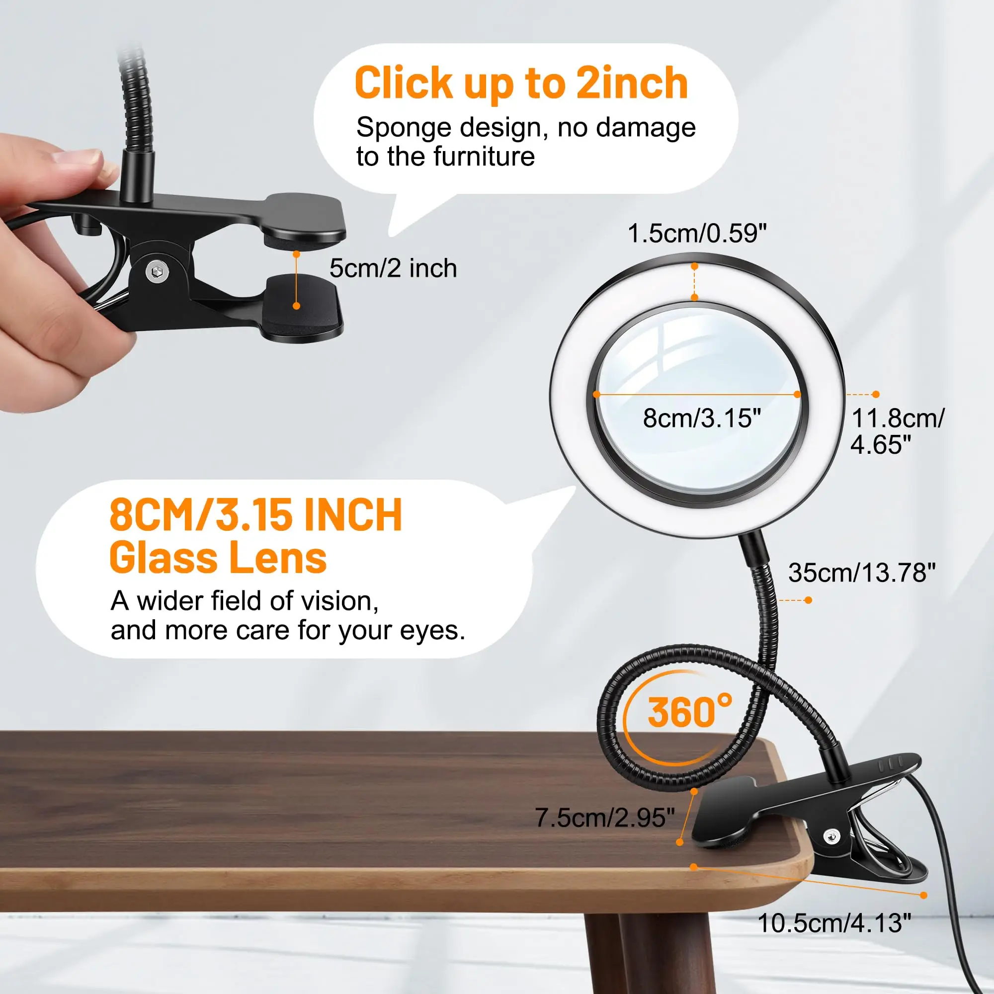 LED Magnifying Glass Lamp with Clamp Flexible Gooseneck USB Desk Light 3 Light Modes Dimmable Loupe Magnifier for Reading Craft