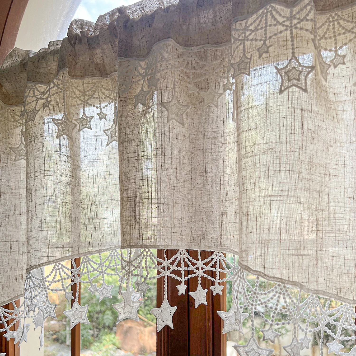 

1PC French Country Curtain - Solid Color Arched Top with Star Trim for Kitchen, Doorway, Dining Room - Rustic Farmhouse Window