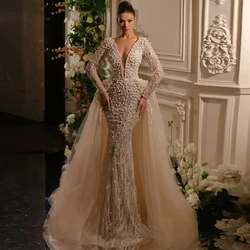Saudi Arabic Major Pearls Wedding Dresses Detachable Train Long Sleeves Dubai V-Neck Wedding Gowns Appliques Bead Bride Dress