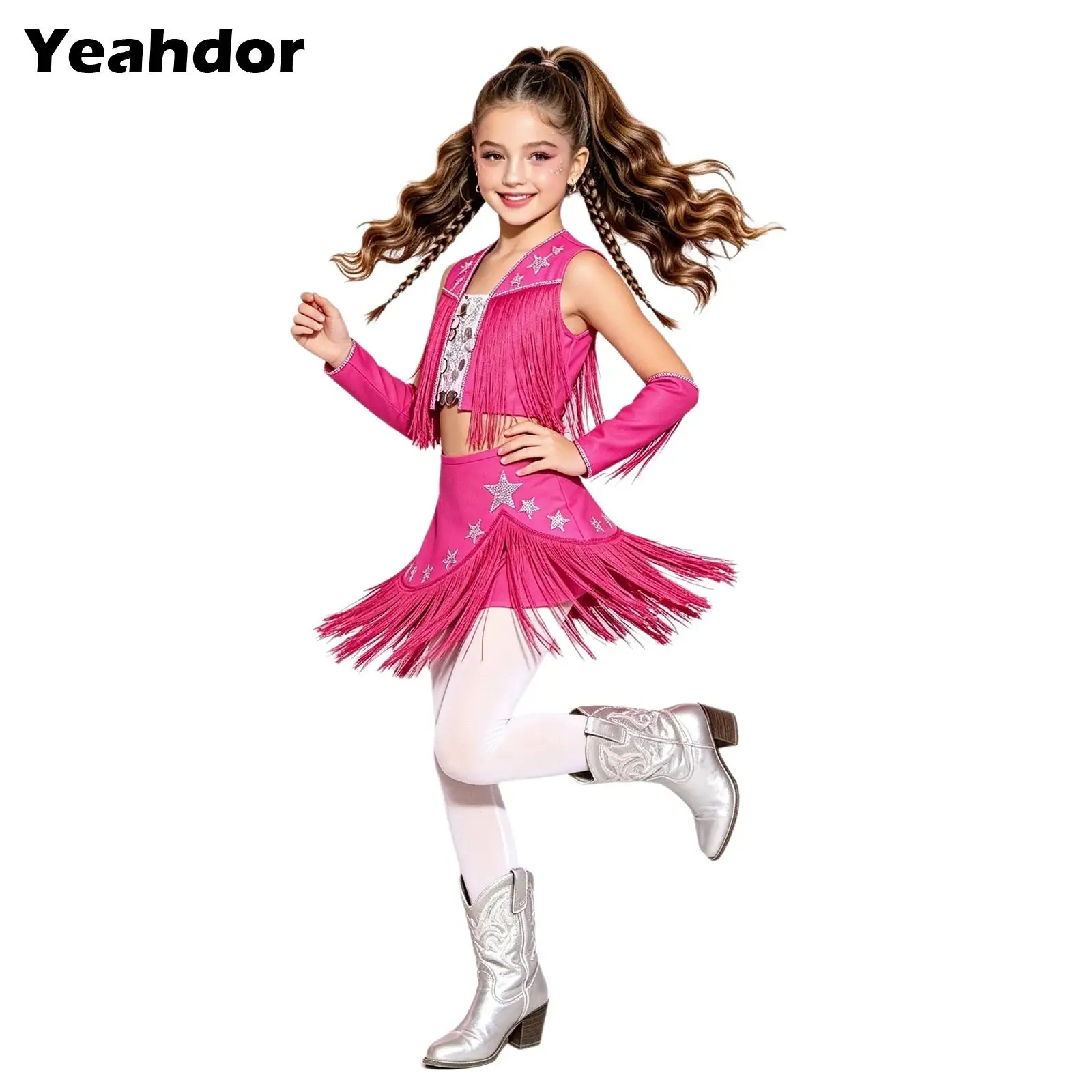 Kids Girls Jazz Stage Performance Competition Dancewear Sleeveless Rhinestone Tassel Crop Tops Vest with Skirt Oversleeve Set