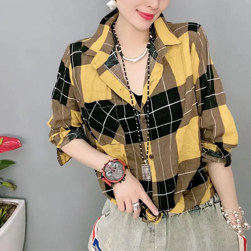 Commute Contrasting Colors Plaid Blouse Spring Autumn Single-breasted Women\'s Clothing Loose Lapel Casual Pockets Spliced Shirt