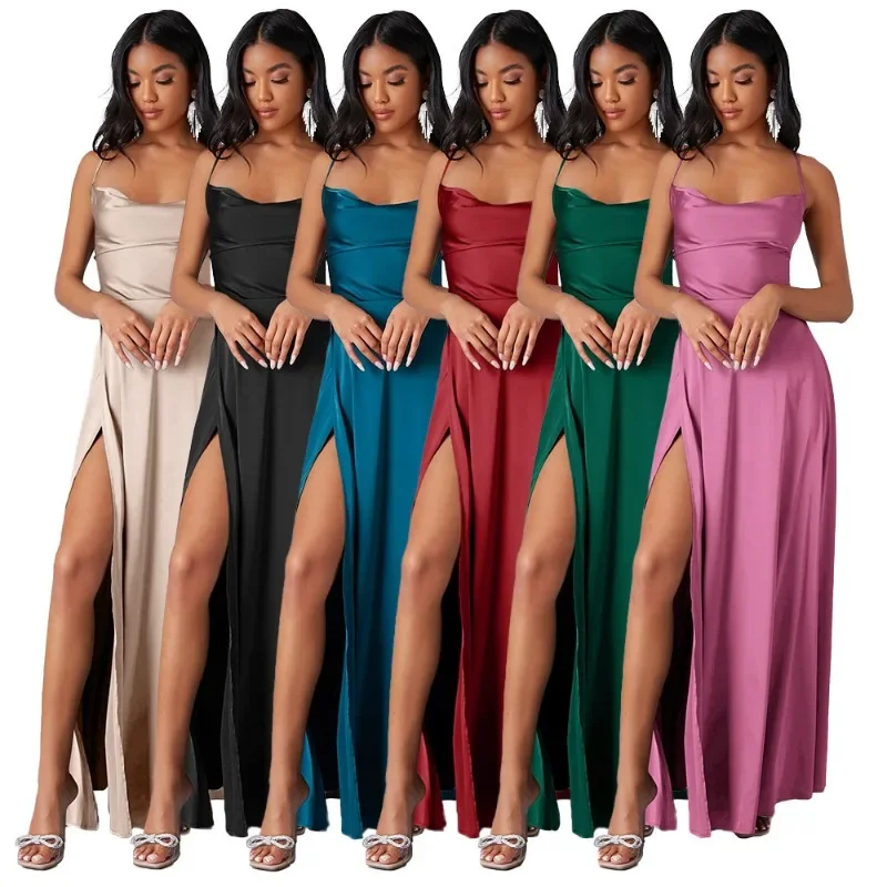 New European Backless Cami Maxi Dress Sexy Slim Fit Waist Tie Evening Formal Gown
