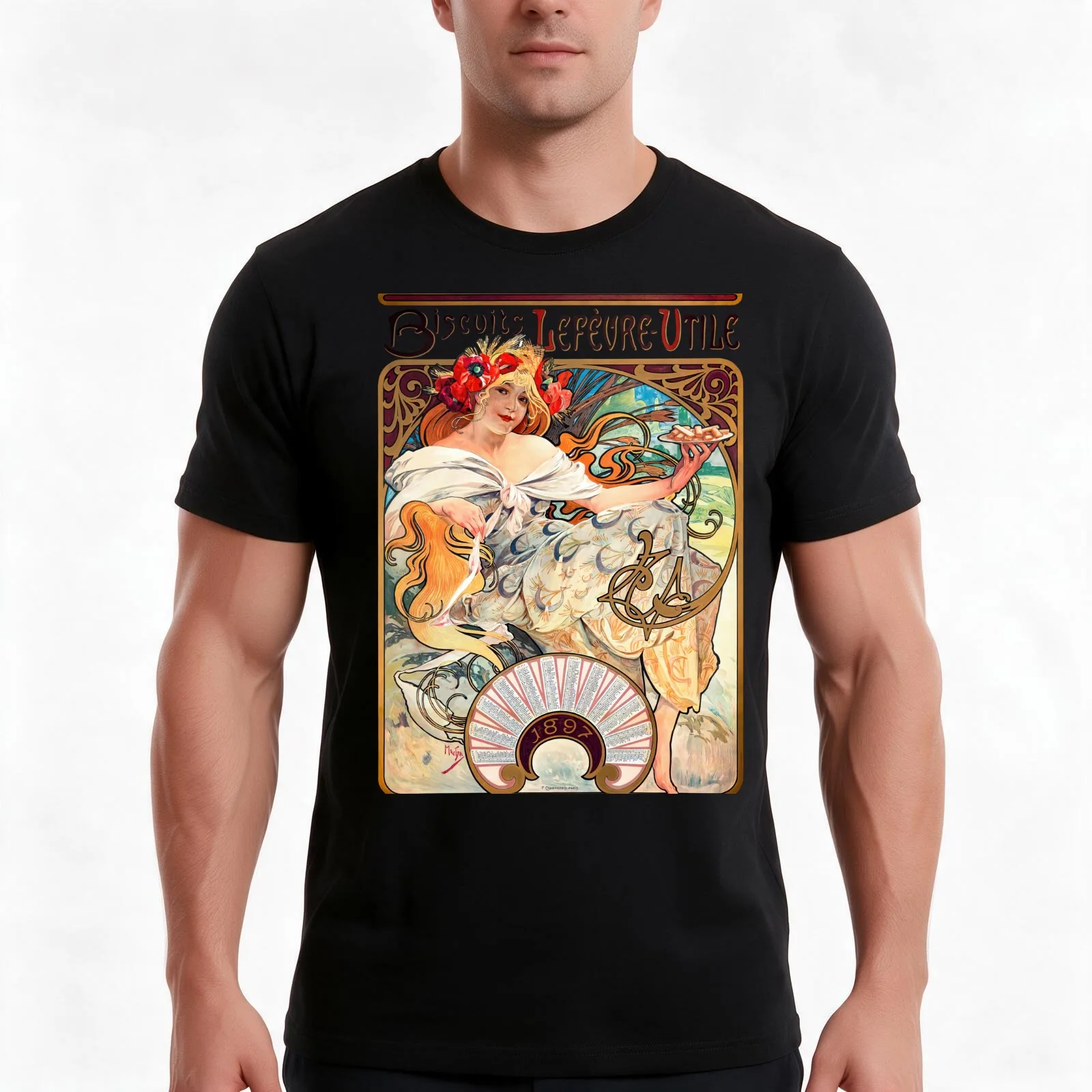 Biscuits Lefèvre-Utile by Alphonse Mucha. Art Nouveau Poster T-Shirt, Summer Casual Cotton Tee, Oversized Streetwear Tops