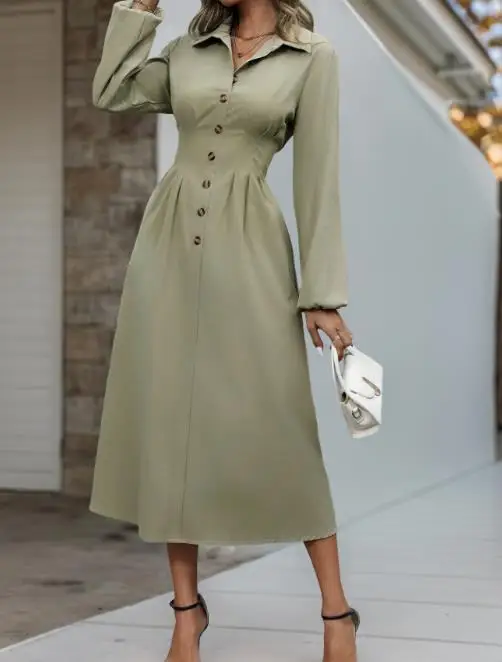

Womens Dresses 2025 Autumn New Collar Waist A-Line Skirt Commuter Long Sleeve Button Up Shirt Dress Retro Casual Elegant Dress