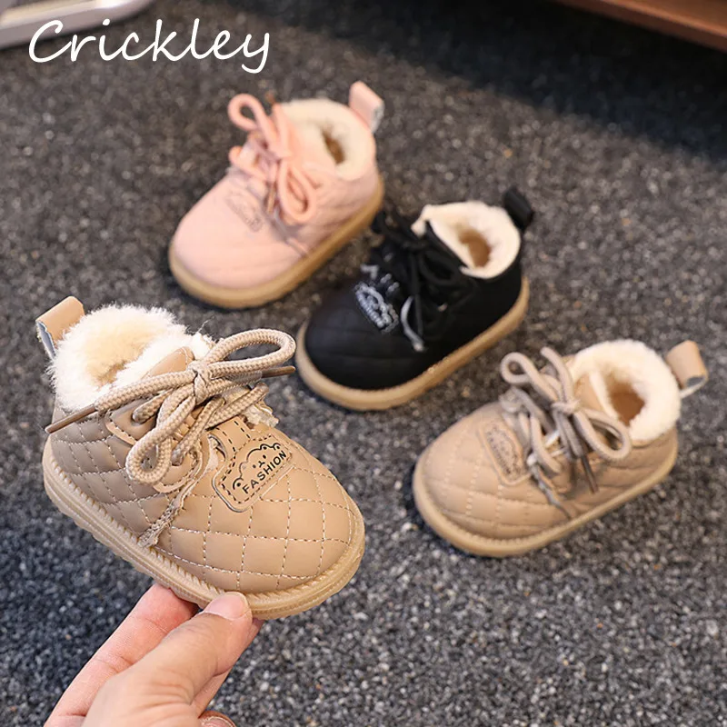

Winter Solid Sewing Baby Boys Girls Casual Shoes PU Leather Warm Plush Children Sport Shoes Soft Bottom Toddler Kids Sneakers