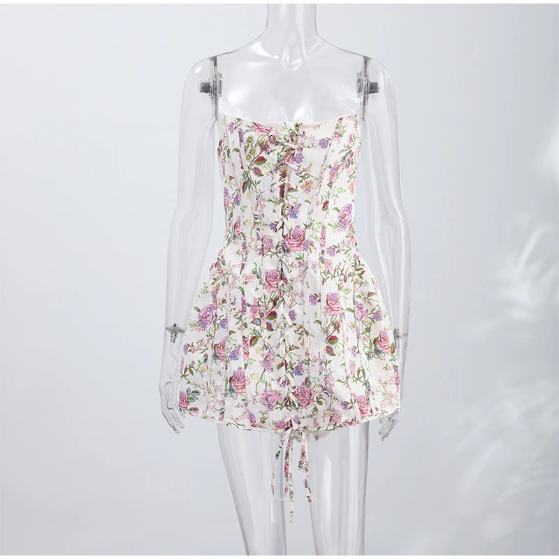 Elegantes Damen-Korsettkleid mit Blumenmuster, kurzen Ärmeln, rückenfrei, schmal geschnitten, Bandage-Stil, Party- und Abendkleid, Sommer 2026, neue Damenkleider – Detail 1