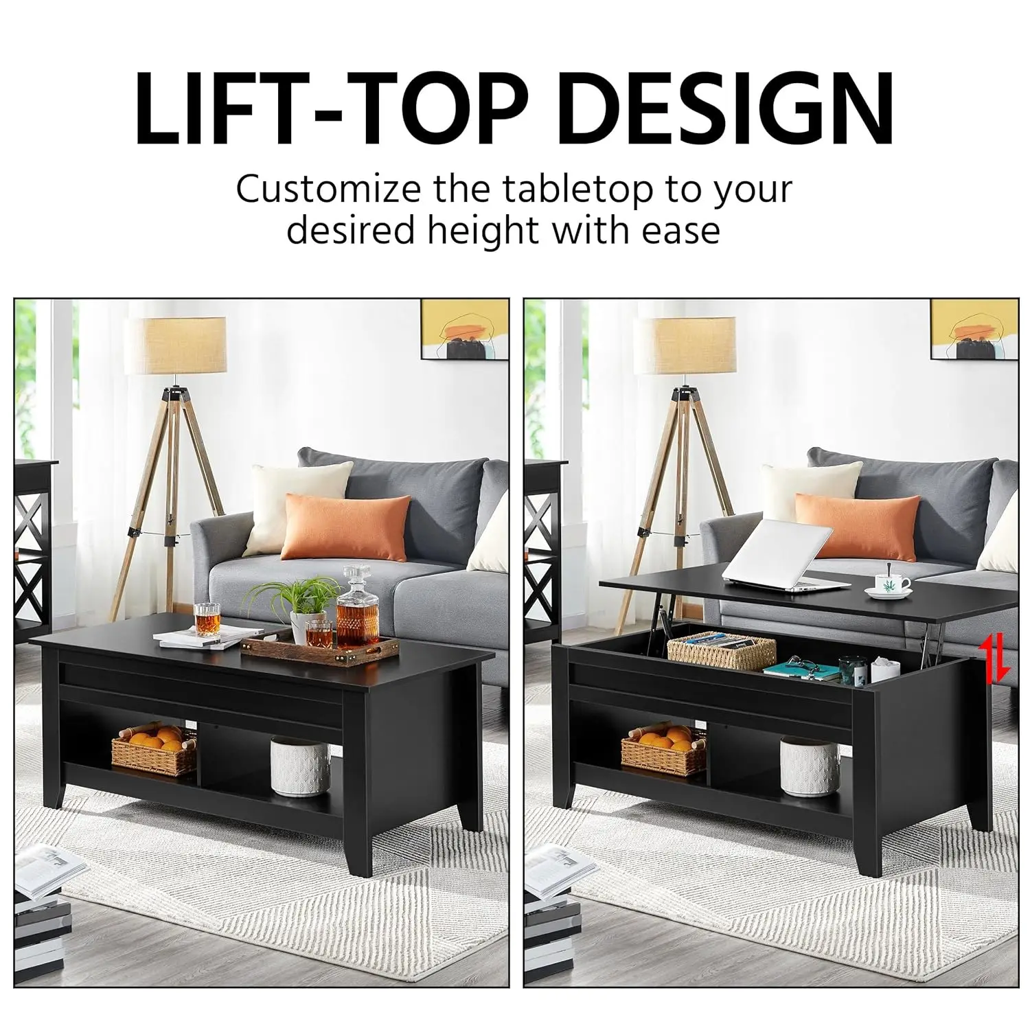 طاولة قهوة قابلة للرفع مع حجرة مخفية ورف تخزين مفتوح، طاولة مركزية قابلة لرفع الارتفاع قابلة للتعديل لغرفة المعيشة
