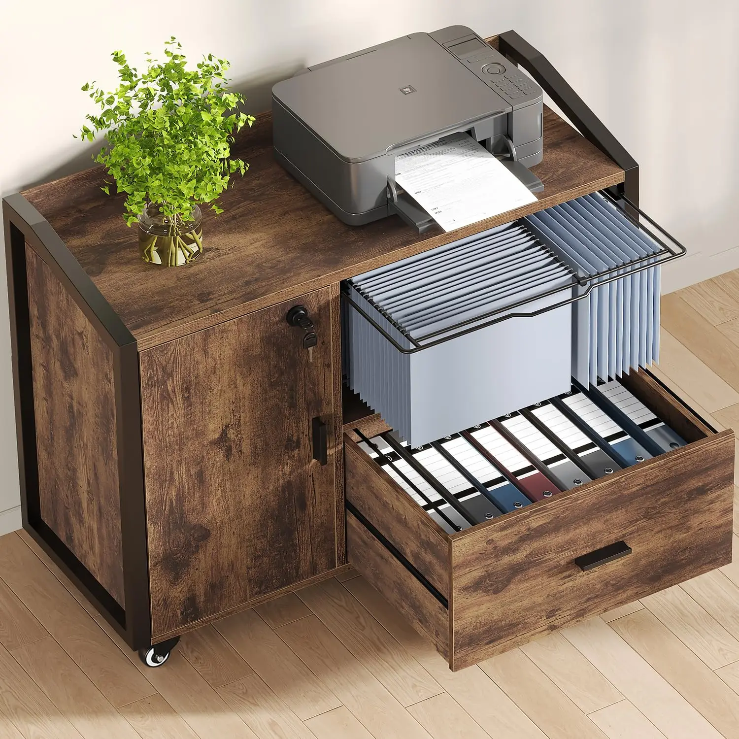 1-Drawer Rolling File Cabinet Lock Wood Printer Stand Open Storage Shelves Hanging Rack Home Office 33In, Customized