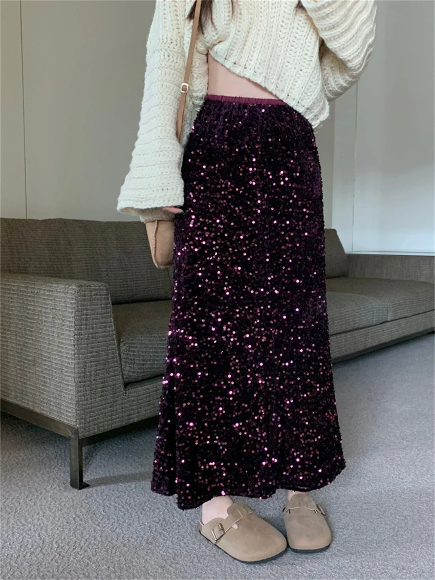 

Alien Kitty Sequins Women Long Skirts Party Party Autumn Chic Slim Office Lady 2023 Fashion Work Wear Elegant High Waist