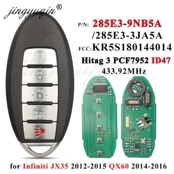 jingyuqin 285E3-9NB5A 433Mhz ID47 Chip Car Remote Key Card For Infiniti QX60 2014-2016 JX35 2013 2014 KR5S180144014 285E3-3JA5A