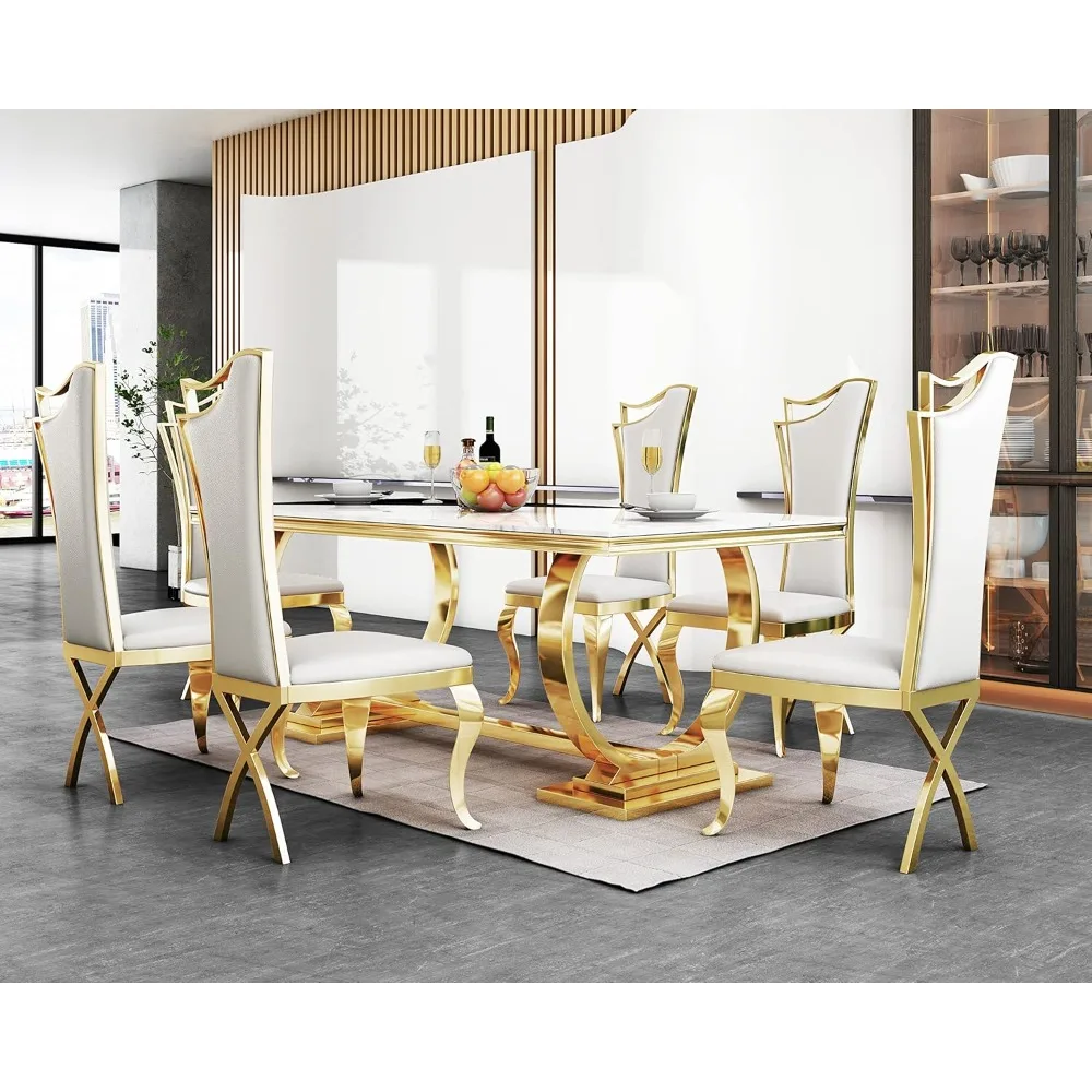 

70 Inch Marble Dining Table Set, Modern Artificial Marble Dining Table with 6 White Leather Dining Chairs Set