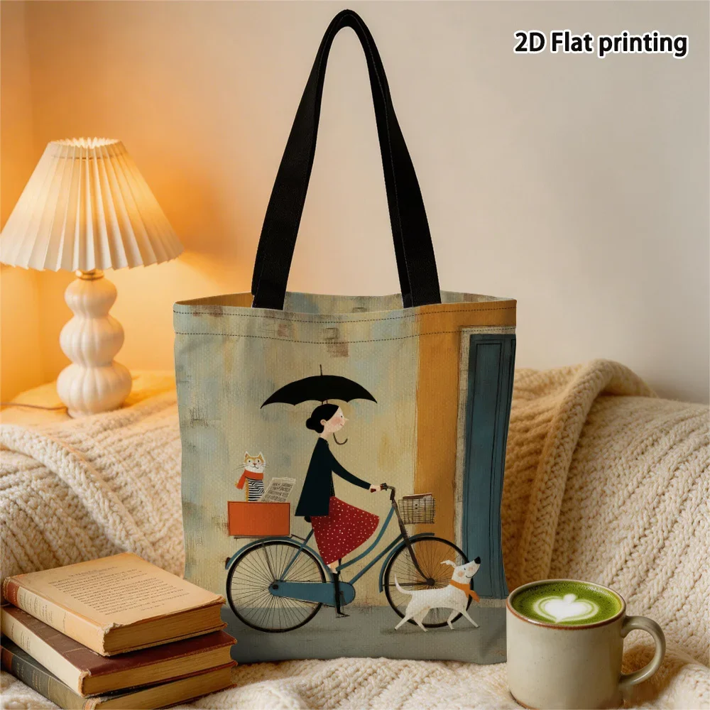 Shopping Bags Canvas Printing 1pc 2d Flat Tote Bag Reusable Grocery Bags Double Sided Printing Woman Cycling Umbrella Design