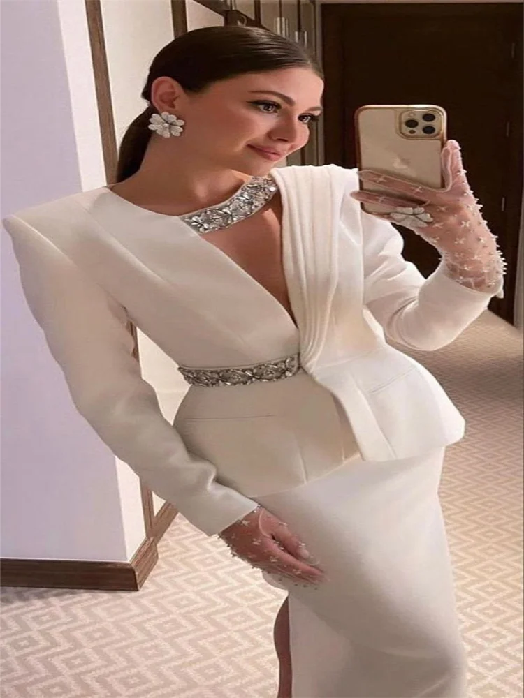 Evening Dresses Full Sleeves Jacket Formal Dresses 2024 Beads Cocktail Party Dresses Saudi Arabia Dubai Prom Gown فساتين طويلة