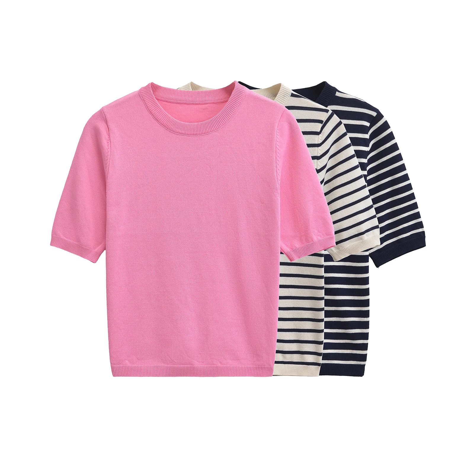 TRAF 2024 Knitted Sweater Women Short Sleeve Sweater Woman Jumper Casual Autumn O Neck Pullovers New Knit Top 3433/006
