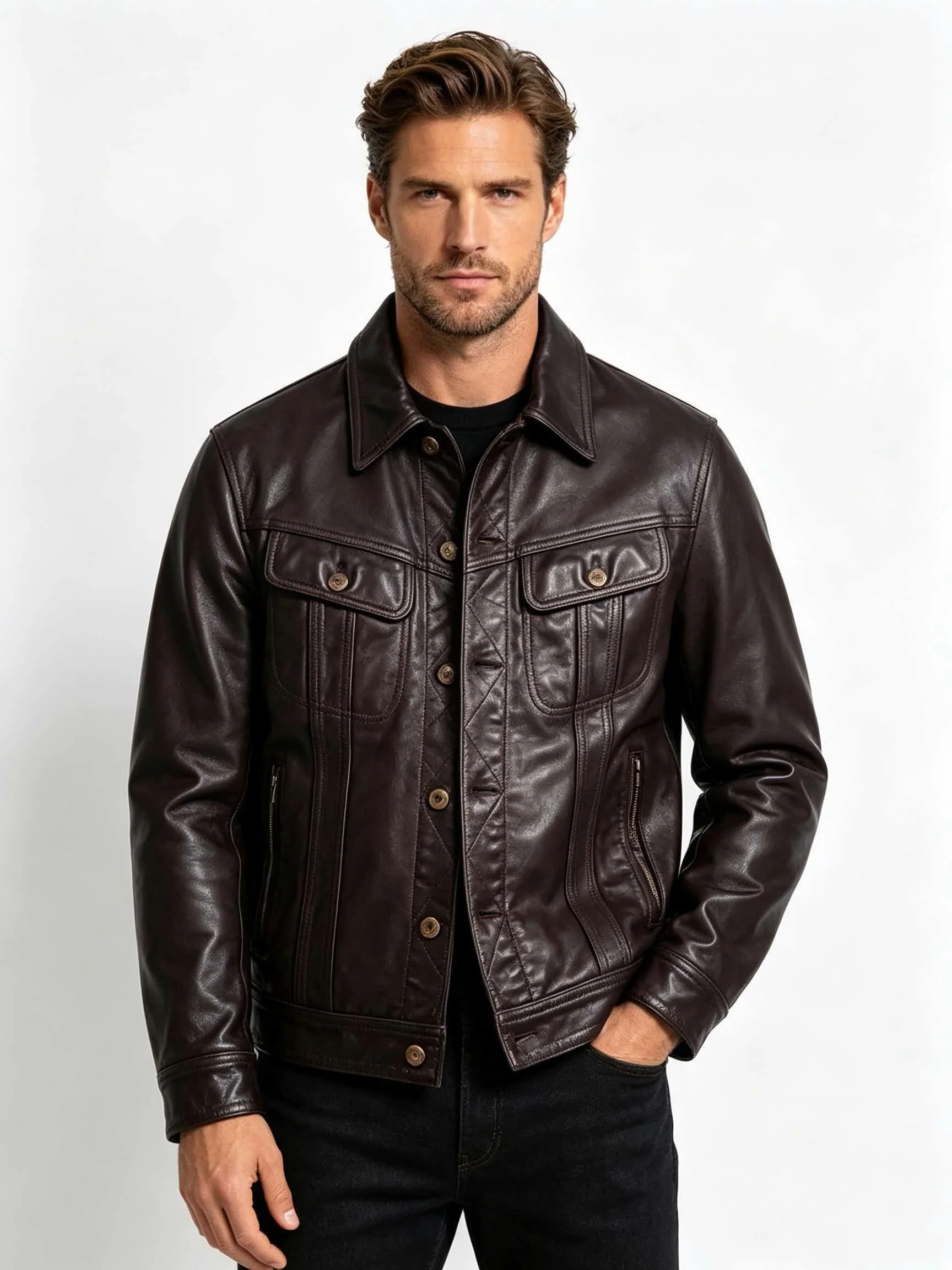 Vintage Black Brown Leather Trucker Jacket For Men Amekaji Western Button Up Style For Daily Wear Motorcycle And Autumn Outfits