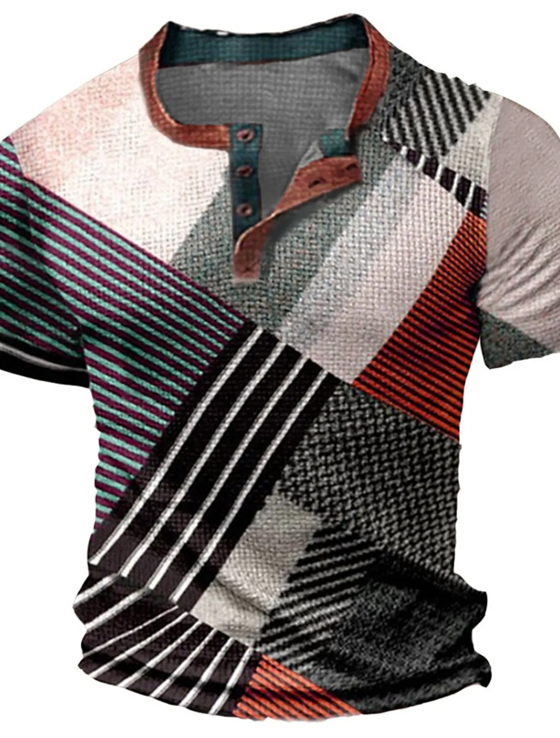 Sommer Vintage Herrenhemd mit Kreuzmuster, Kurzarm, Lässiger V-Ausschnitt, Knopfleiste, Übergroßes Herren-Patchwork-T-Shirt, Karierte Oberteile, Streetwear – Detail 7