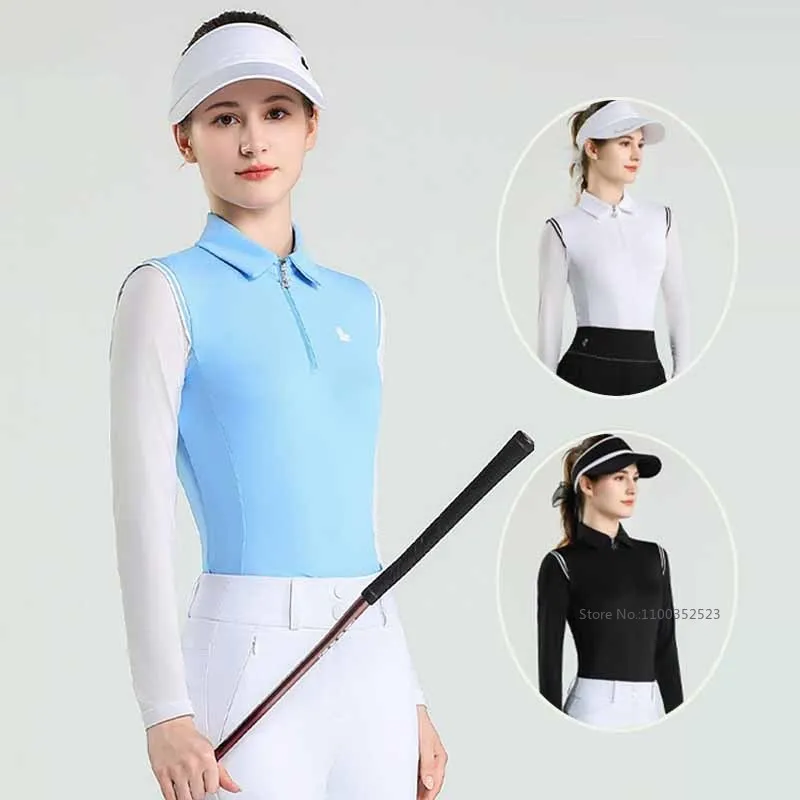 Love Golf Apparel Woman Zipper Collar Top Summer Sunscreen Long Sleeve T-shirt Ladies Contrast Color Golf Sports Shirts S-XXL