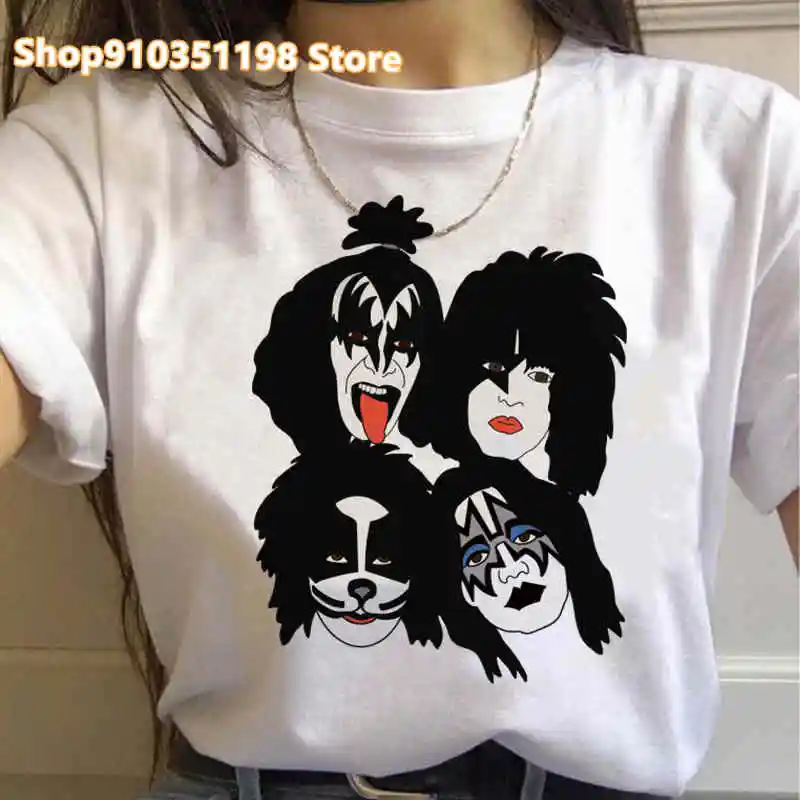 Women Kiss T-Shirts Rock Music Band Print Women Fashion Short Sleeve Hip Hop Oversized T Shirt Punk Graphic Tees Tops