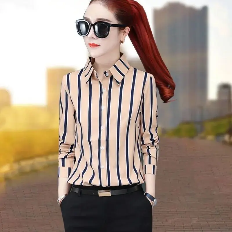 Fashion Printed Button Striped Elegant Shirts Women\'s Clothing 2023 Autumn Winter Loose All-match Tops Office Lady Blouses