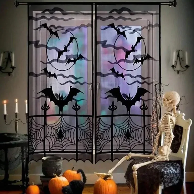 2pcs Halloween Window Curtains Black Bat Lace Curtains For Party Bedroom Dining Room Ghost Door Curtains Creative Shade Goth