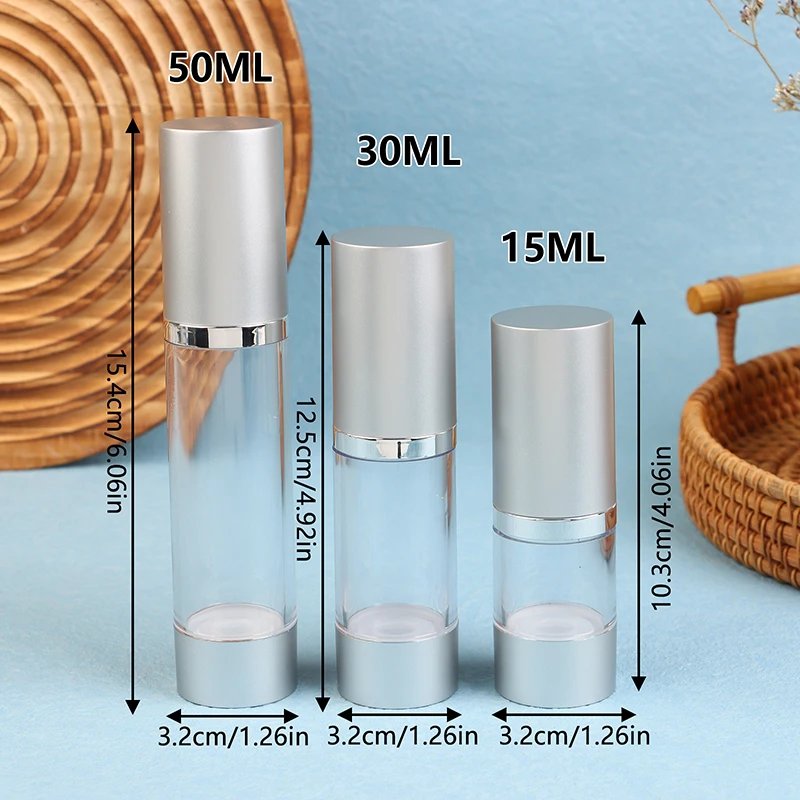 Botellas vacías con bomba de vacío de 15/30/50ml, base de crema Facial portátil, botella sin aire, botella de loción plateada UV, pulverizador de cosméticos