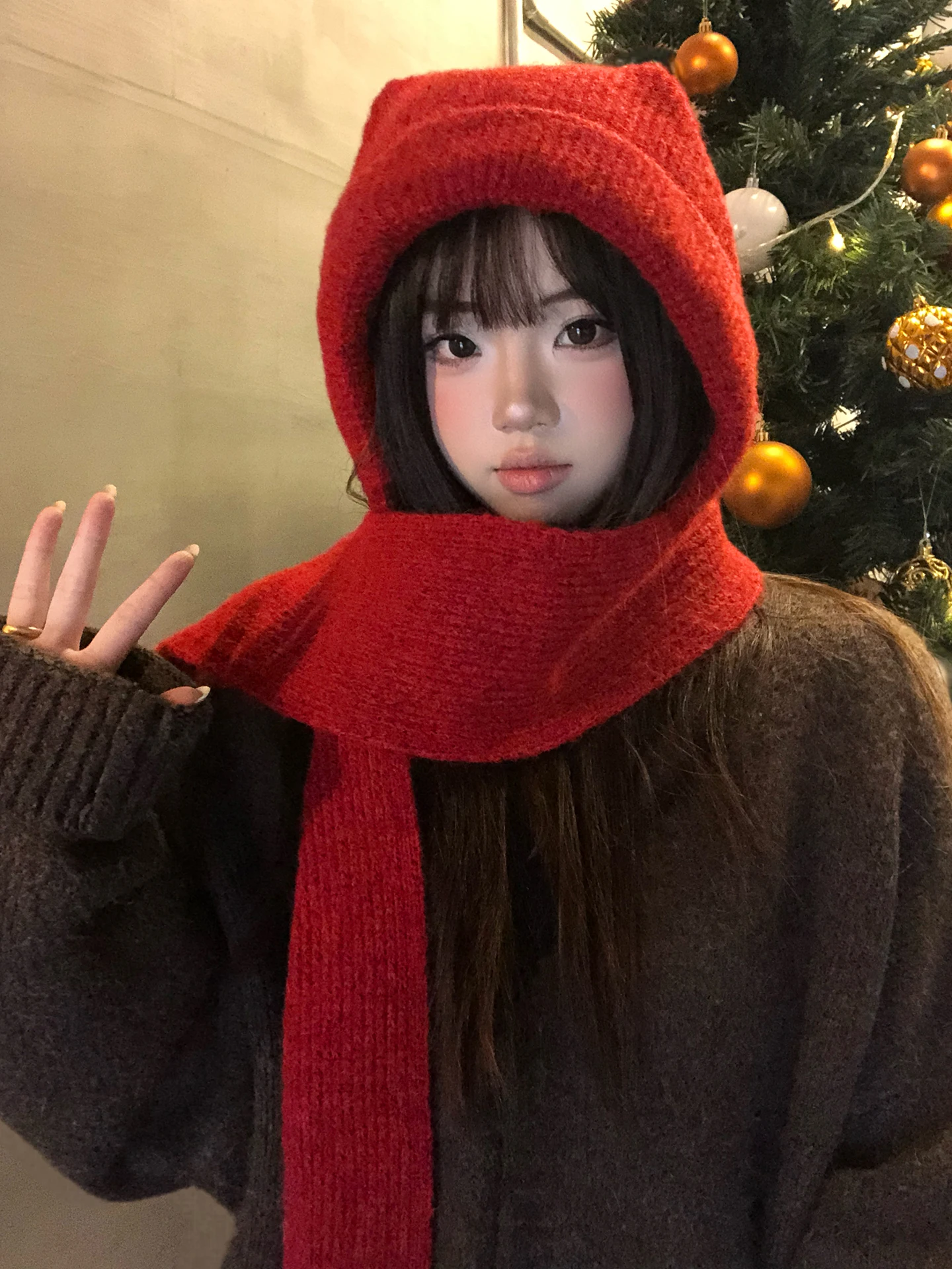 New Year Red Knitted Hat Scarf  Women's Winter Warm Cold Proof Face Slimming Balaclava Cap Casual Non-Adjustable Kni...