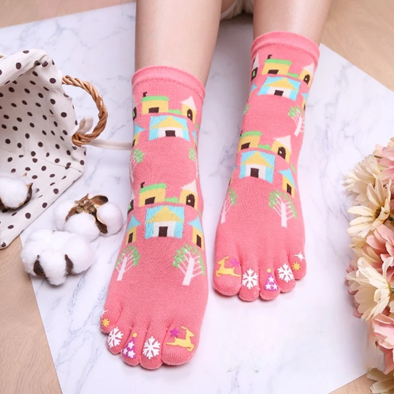 5 Pairs Five-finger Socks Women Medium Tube Cute Printing Cartoon Pattern Ladies Socks Autumn and Winter Sub-toe Socks