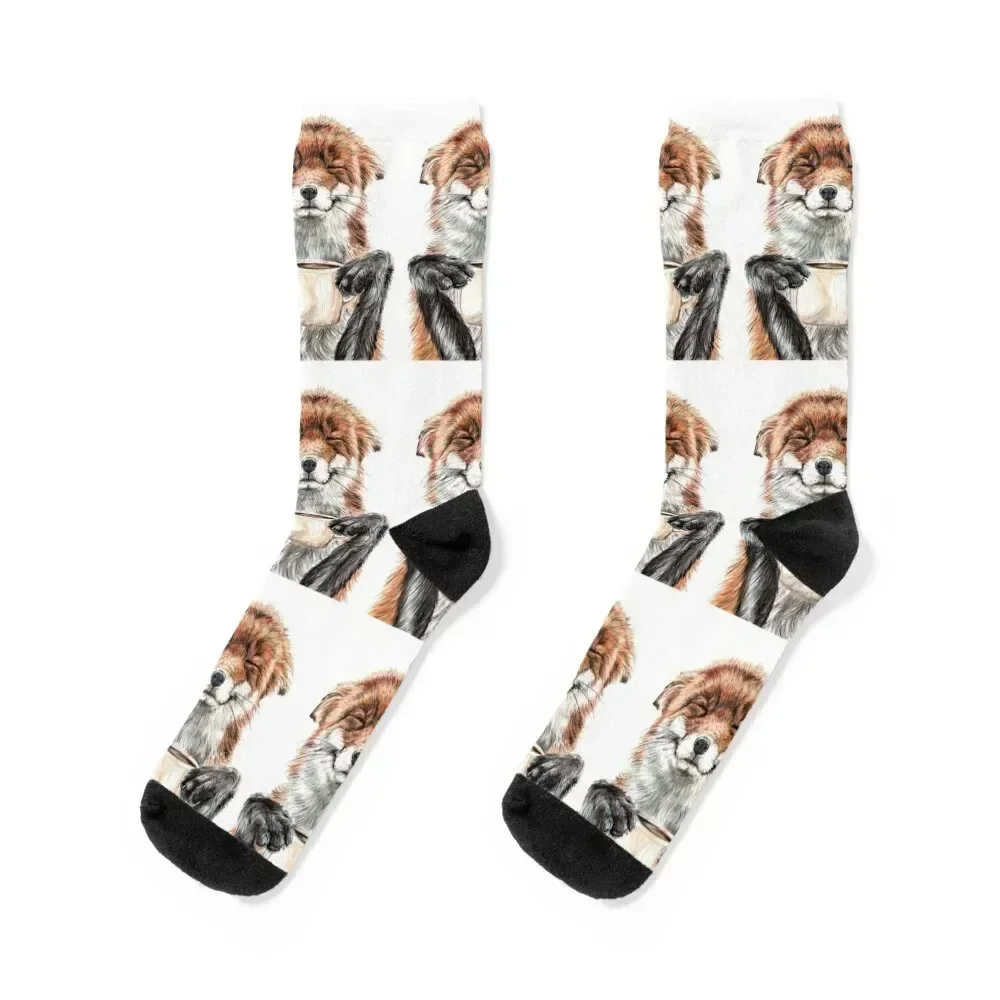 

Morning Fox - cute coffee animal Socks valentine gift ideas Stockings with print gifts Socks Woman Men's
