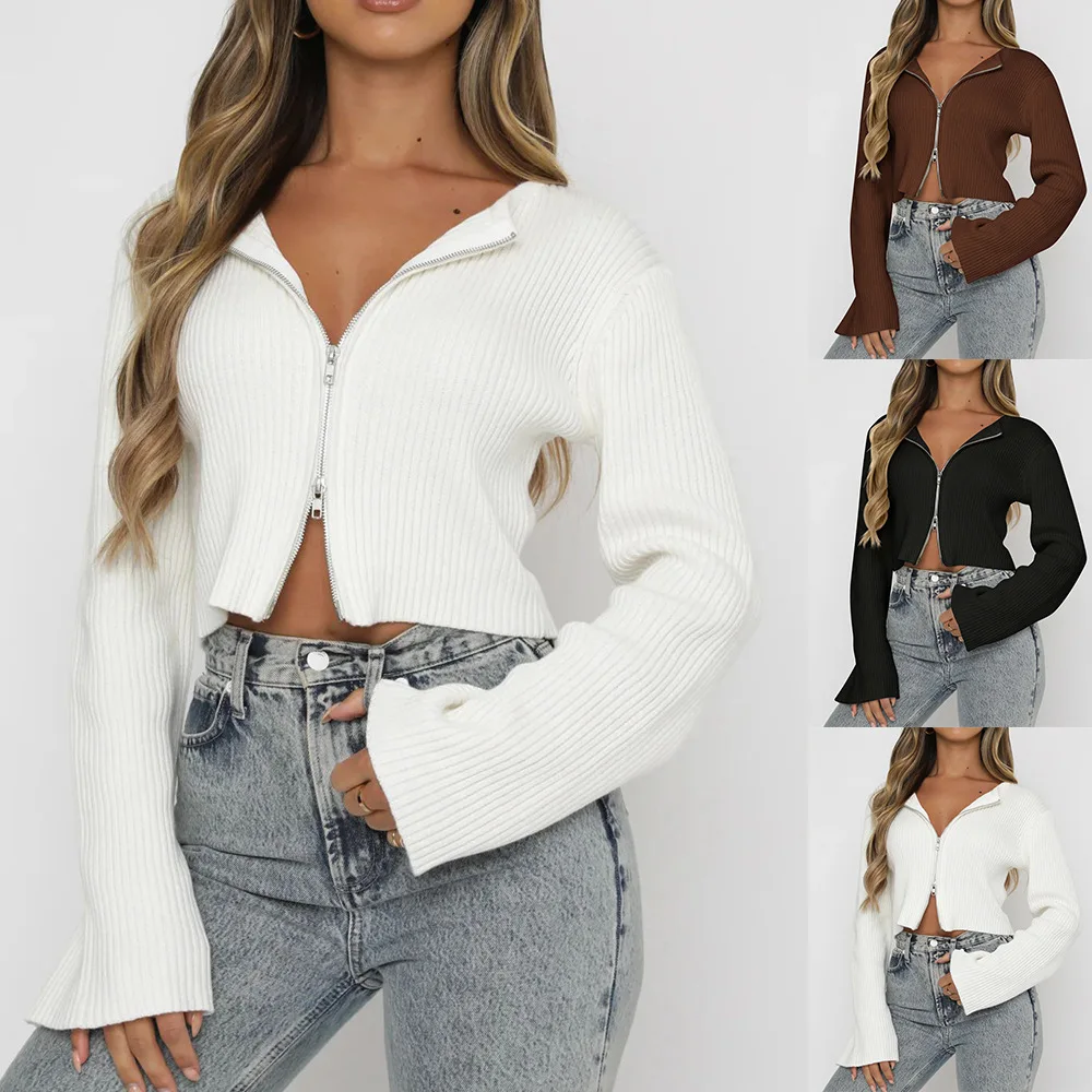 

Autumn Sexy Women's Cardigan Solid Color Zip-Up Batwing Sleeve Women's Top High Neck Stylish Casual Versatile Lady's Knitwear