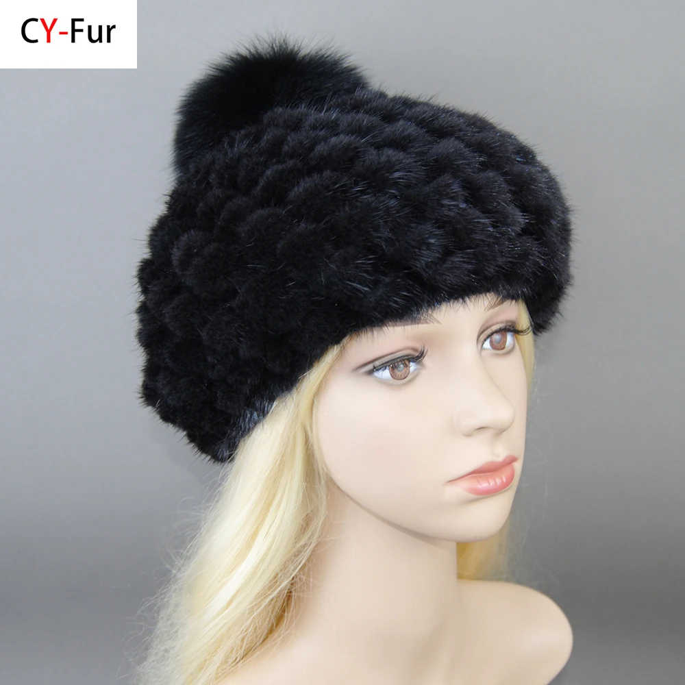 

New Russia Lady Winter Hand Knitted Real Mink Fur Hat Natural Warm Mink Fur Visors Cap Women Fashion 100% Genuine Mink Fur Hats