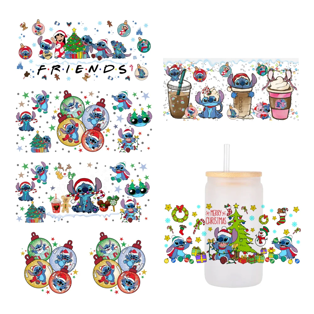 Disney Christmas Stitch For Libbey 16oz Can Glass 3D Waterproof UV DTF Coffee Can Wrap Libbey Glass Wrap