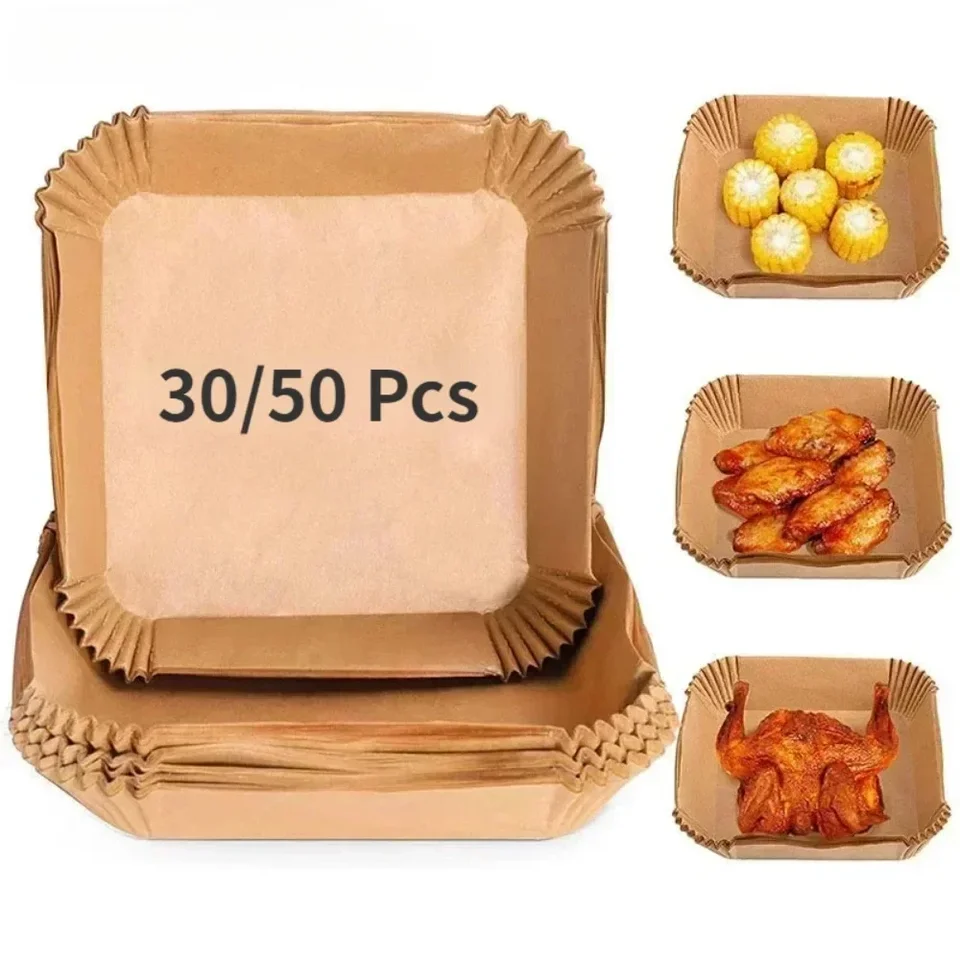 50/30 조각 주방 액세서리 에어 프라이어 종이 주방 용품 일회용 사각형 라운드 과자 금형 바베큐 플레이트 비 스틱 패드