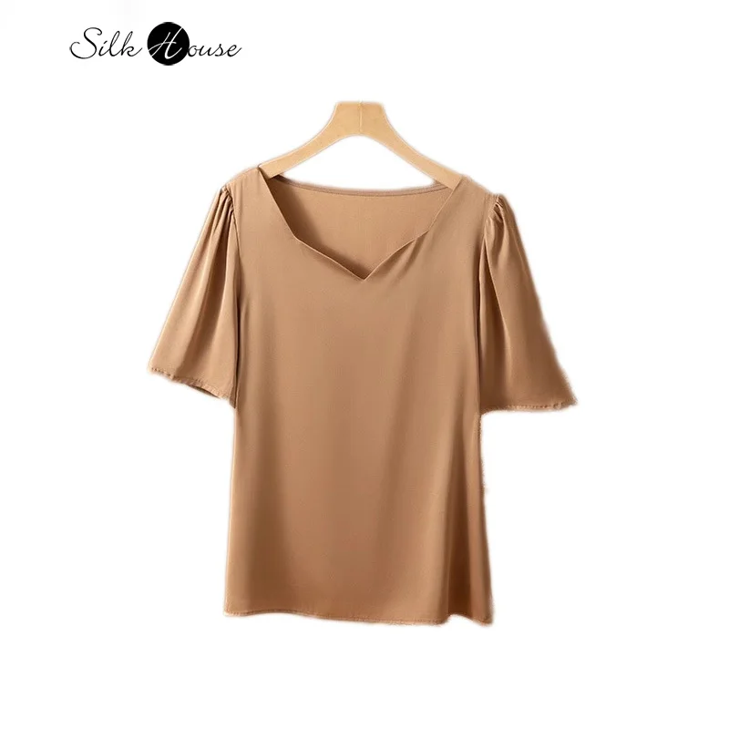 

Khaki 93% Natural Mulberry Silk Double Qiao Satin Women's Fashion Office Commuter Short Sleeve V-neck T-shirt