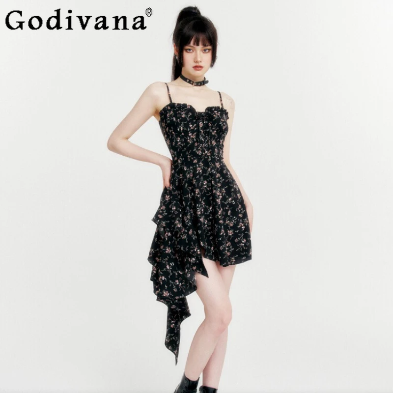 

Dark Girl Vacation Irregular Sexy V-neck Slim Floral Print Suspender Dress Summer New High Waist A-line Vacation Daily Dresses