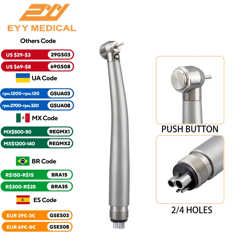 Dental High Speed Handpiece LED E-generator Ceramic Bearing Standard Head 2/4 Holes Push Button Dental Turbine Tip Dentistry
