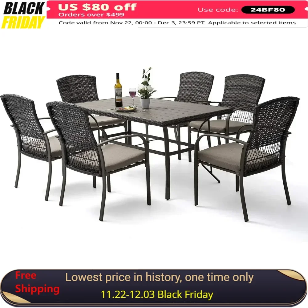 

7 Piece Patio Dining Set,for Backyard Garden Deck Poolside/Iron Slats Table Top, Removable Cushions,Outdoor Wicker Furniture Set