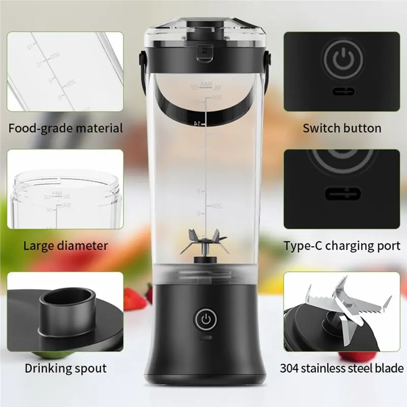 TAIGH-Portable Electric Juicer Maker Stainless Steel Blade 500Ml USB Rechargeable Personal Blender With Carry Handle